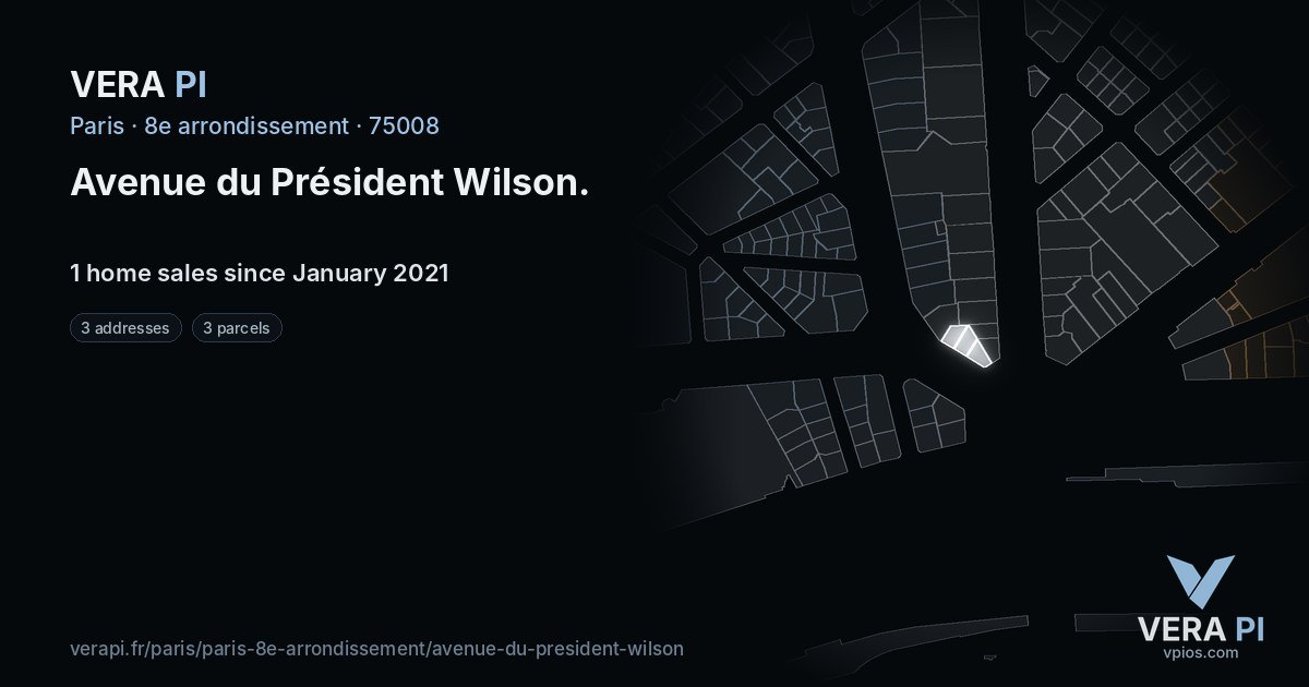 Avenue du Président Wilson, 8e arrondissement at night – every parcel coloured by the prices around it, the street's own parcels lit