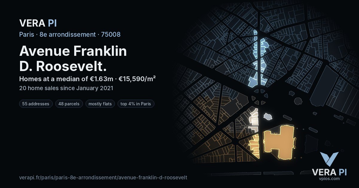 Avenue Franklin D. Roosevelt, 8e arrondissement at night – every parcel coloured by the prices around it, the street's own parcels lit