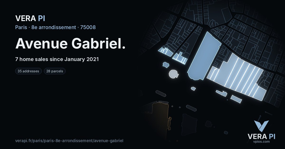 Avenue Gabriel, 8e arrondissement at night – every parcel coloured by the prices around it, the street's own parcels lit