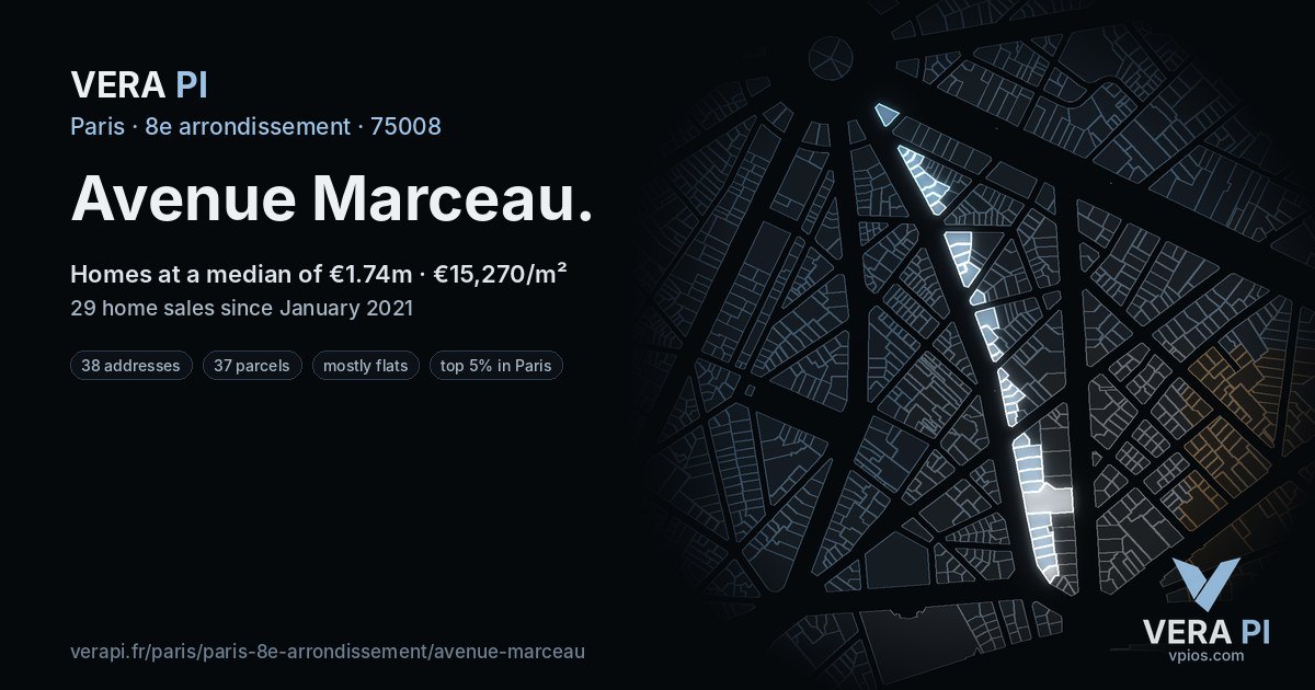 Avenue Marceau, 8e arrondissement at night – every parcel coloured by the prices around it, the street's own parcels lit
