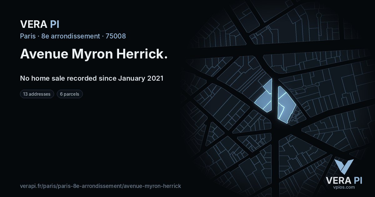 Avenue Myron Herrick, 8e arrondissement at night – every parcel coloured by the prices around it, the street's own parcels lit