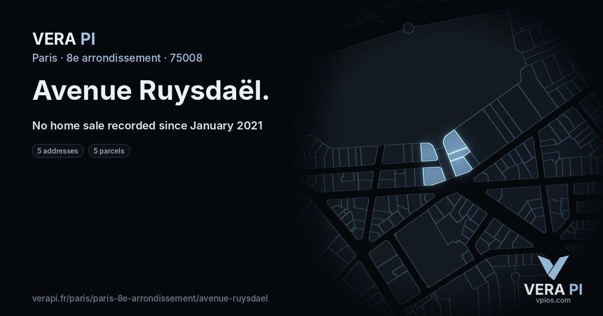 Avenue Ruysdaël, 8e arrondissement at night – every parcel coloured by the prices around it, the street's own parcels lit