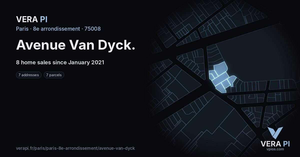 Avenue Van Dyck, 8e arrondissement at night – every parcel coloured by the prices around it, the street's own parcels lit