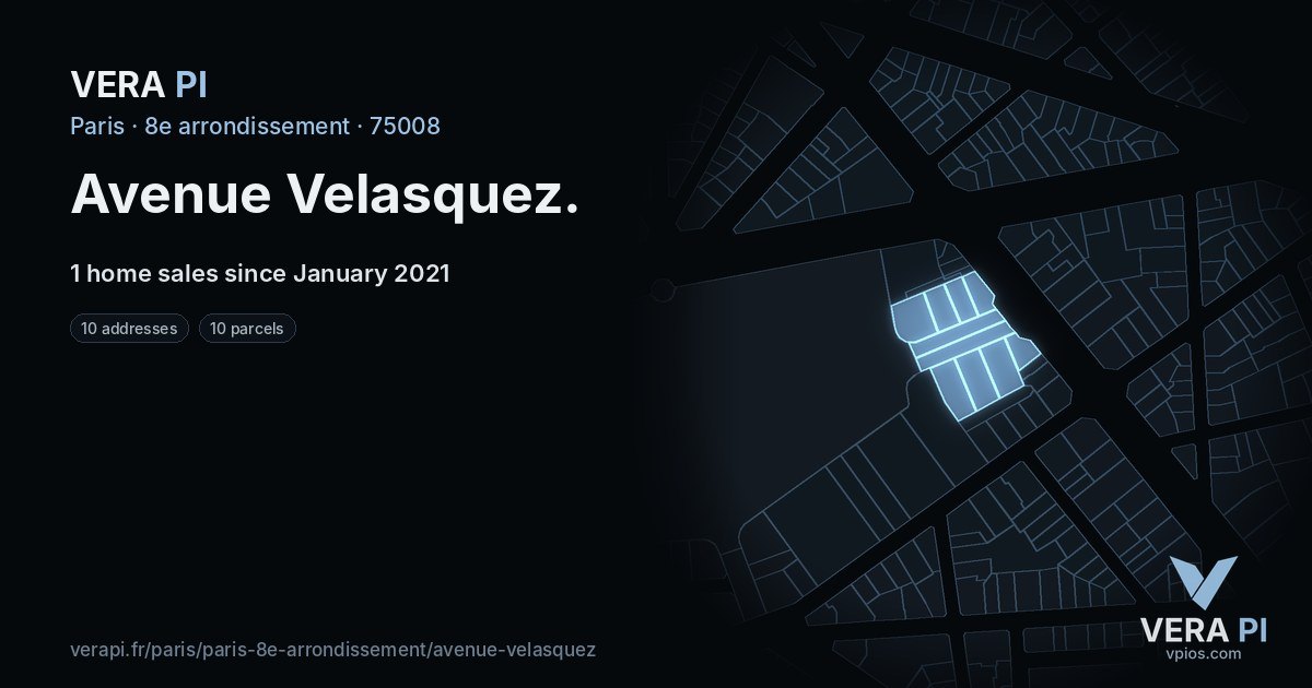 Avenue Velasquez, 8e arrondissement at night – every parcel coloured by the prices around it, the street's own parcels lit
