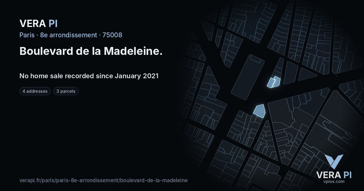 Boulevard de la Madeleine, 8e arrondissement at night – every parcel coloured by the prices around it, the street's own parcels lit