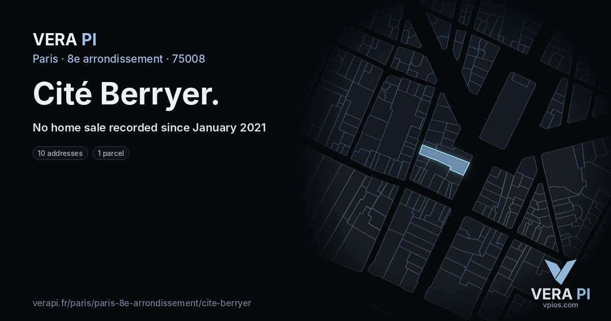 Cité Berryer, 8e arrondissement at night – every parcel coloured by the prices around it, the street's own parcels lit