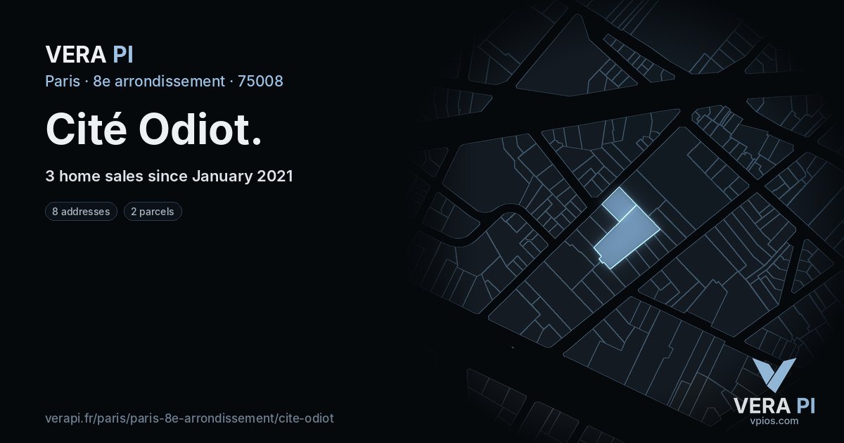 Cité Odiot, 8e arrondissement at night – every parcel coloured by the prices around it, the street's own parcels lit