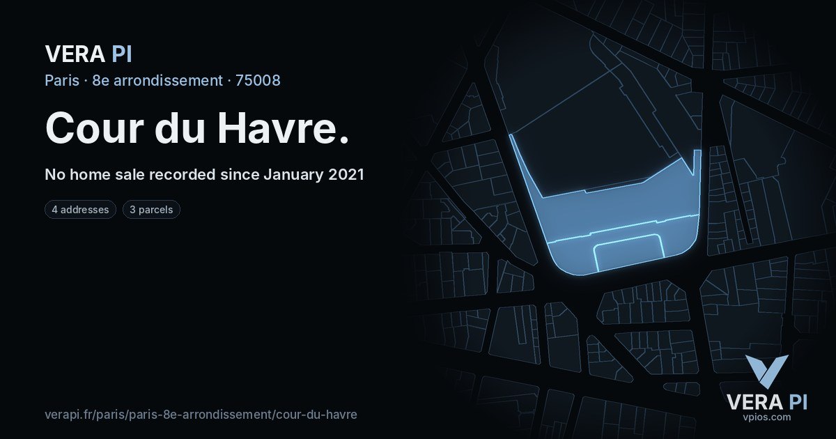Cour du Havre, 8e arrondissement at night – every parcel coloured by the prices around it, the street's own parcels lit