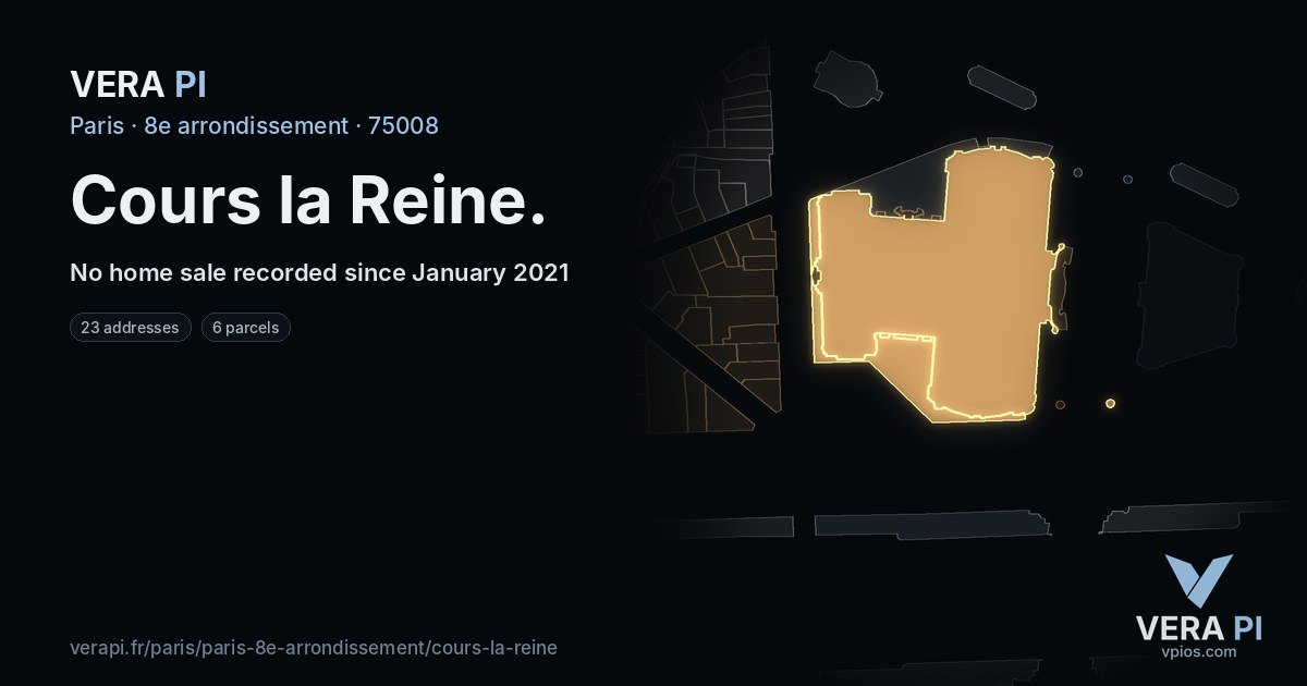 Cours la Reine, 8e arrondissement at night – every parcel coloured by the prices around it, the street's own parcels lit