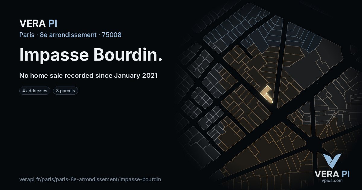 Impasse Bourdin, 8e arrondissement at night – every parcel coloured by the prices around it, the street's own parcels lit