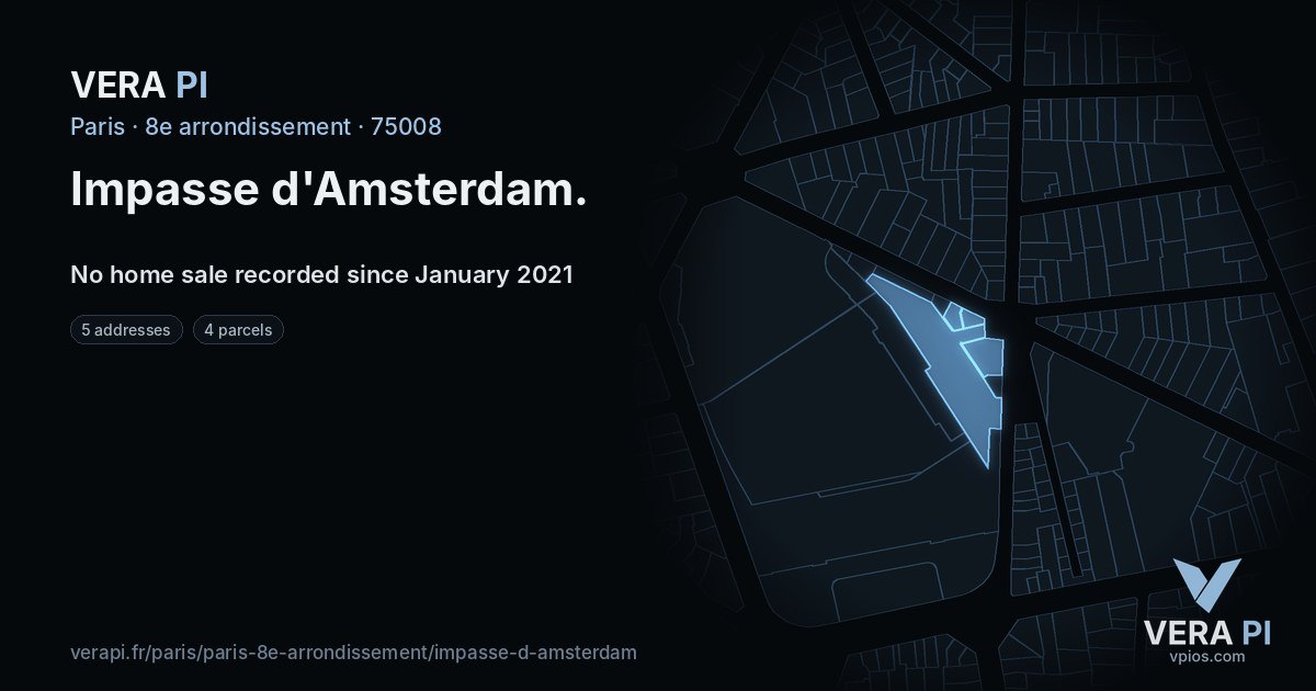 Impasse d'Amsterdam, 8e arrondissement at night – every parcel coloured by the prices around it, the street's own parcels lit