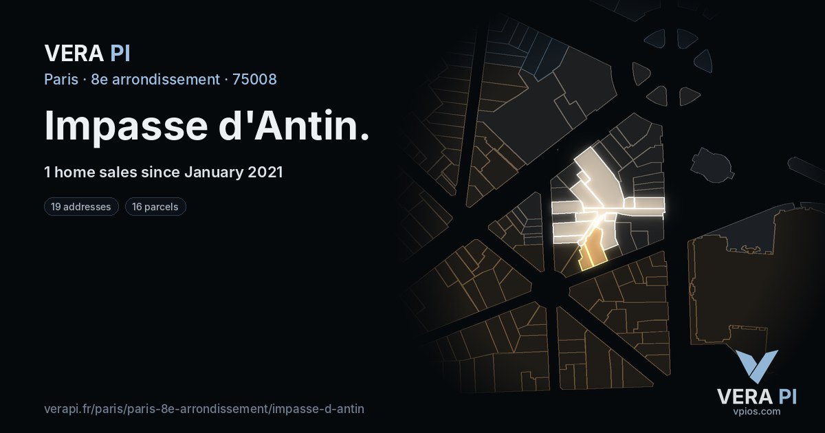 Impasse d'Antin, 8e arrondissement at night – every parcel coloured by the prices around it, the street's own parcels lit