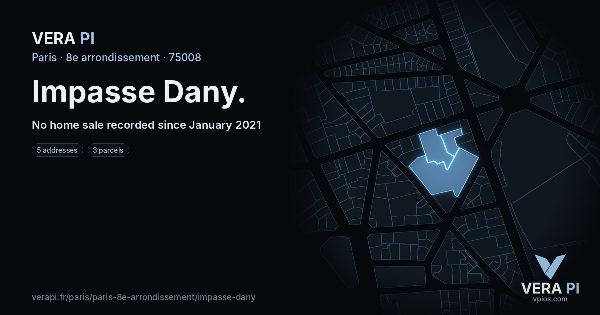 Impasse Dany, 8e arrondissement at night – every parcel coloured by the prices around it, the street's own parcels lit