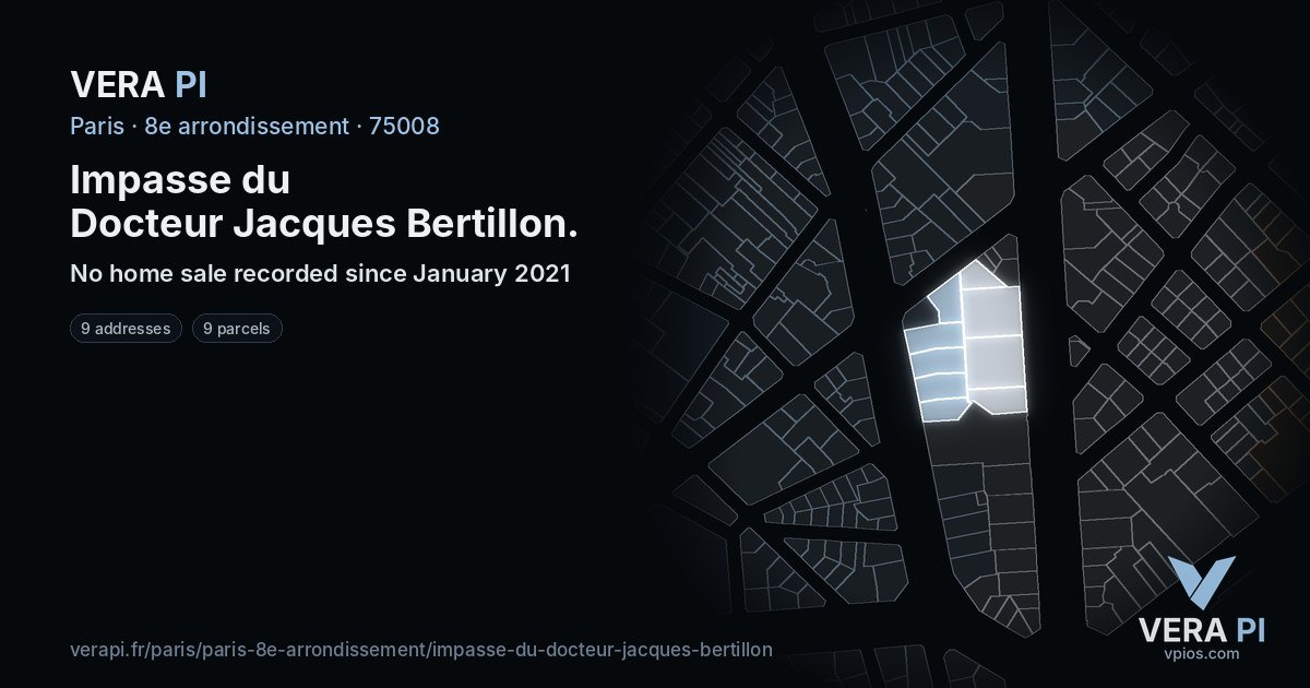 Impasse du Docteur Jacques Bertillon, 8e arrondissement at night – every parcel coloured by the prices around it, the street's own parcels lit