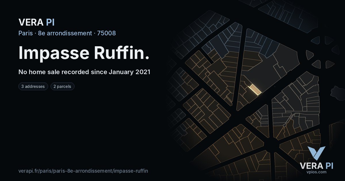 Impasse Ruffin, 8e arrondissement at night – every parcel coloured by the prices around it, the street's own parcels lit