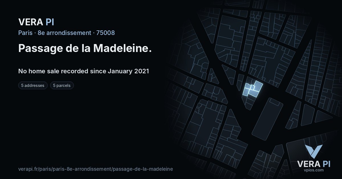 Passage de la Madeleine, 8e arrondissement at night – every parcel coloured by the prices around it, the street's own parcels lit