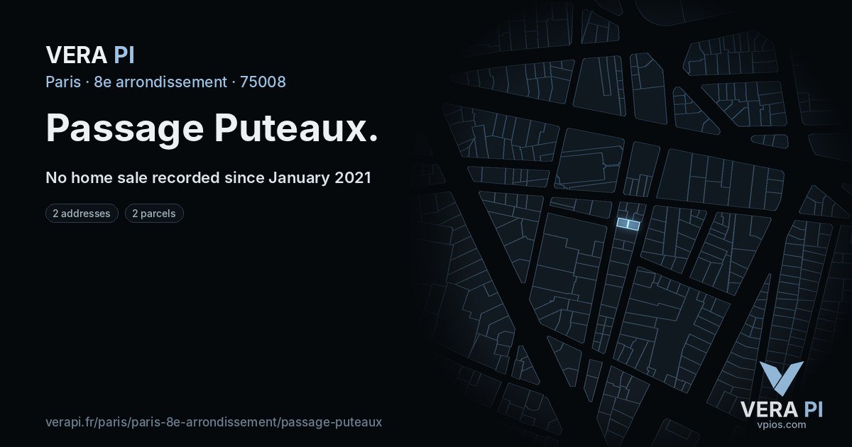 Passage Puteaux, 8e arrondissement at night – every parcel coloured by the prices around it, the street's own parcels lit