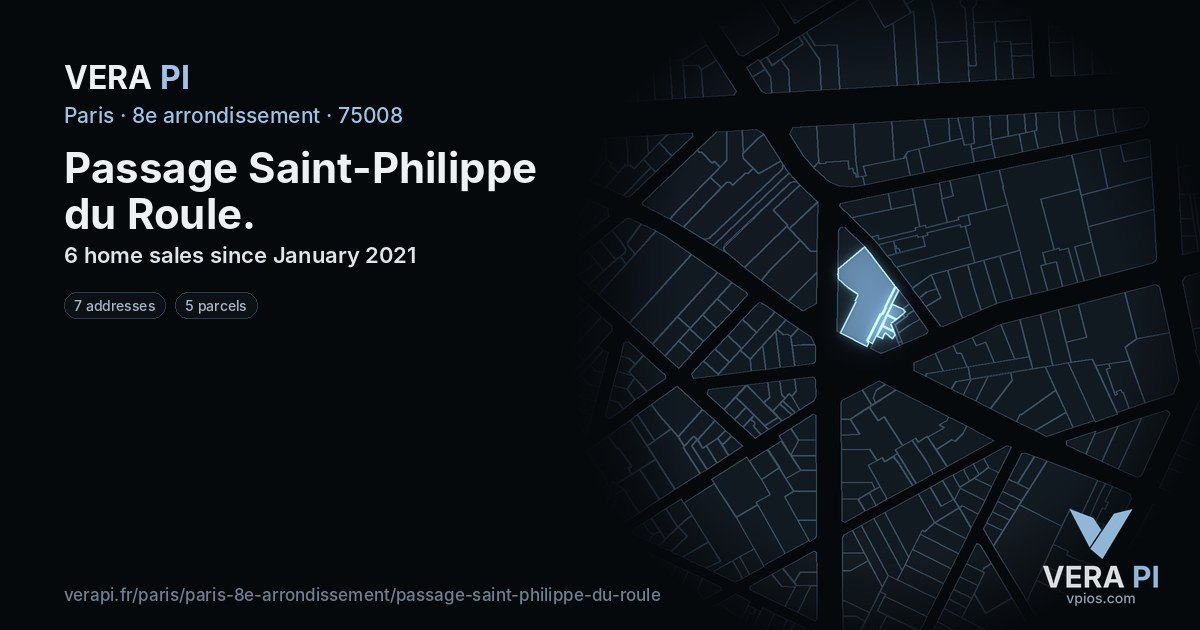 Passage Saint-Philippe du Roule, 8e arrondissement at night – every parcel coloured by the prices around it, the street's own parcels lit