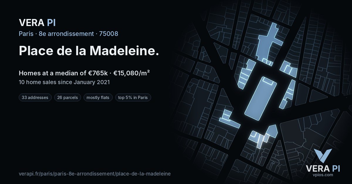 Place de la Madeleine, 8e arrondissement at night – every parcel coloured by the prices around it, the street's own parcels lit