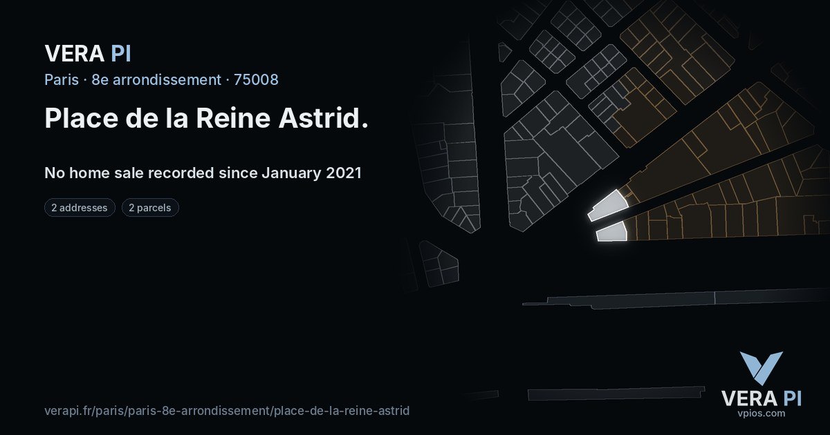Place de la Reine Astrid, 8e arrondissement at night – every parcel coloured by the prices around it, the street's own parcels lit