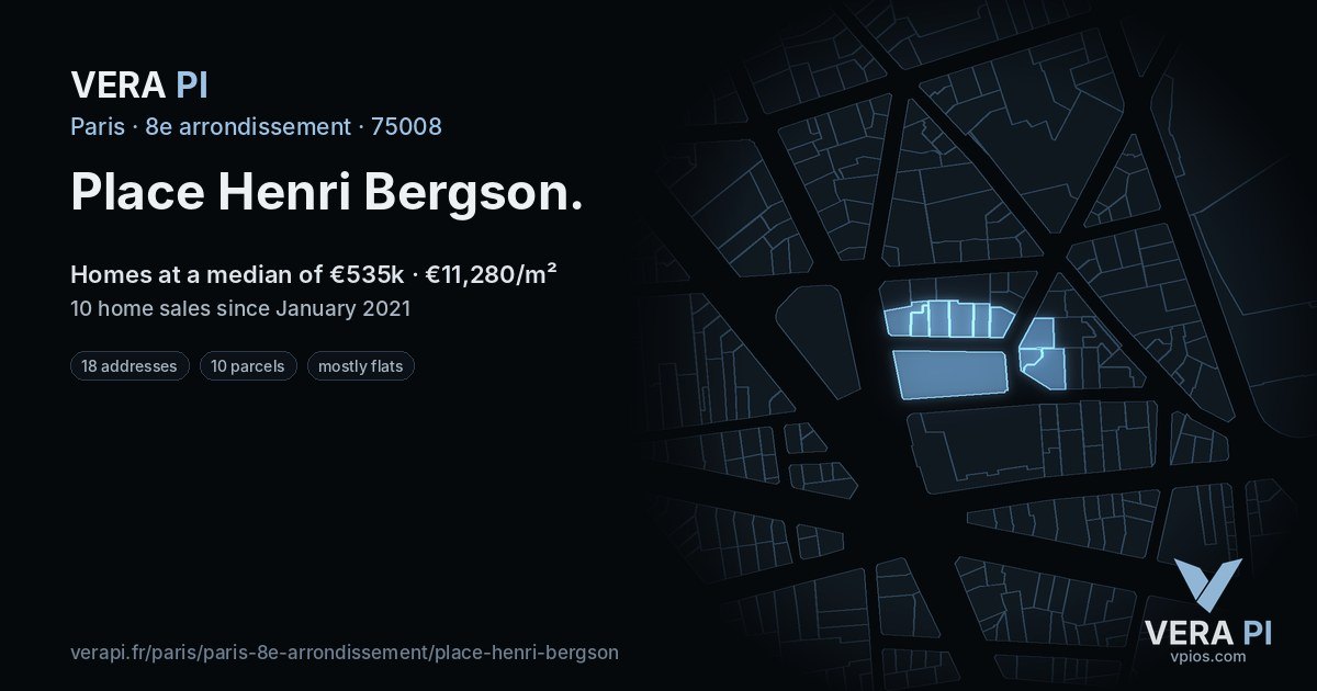 Place Henri Bergson, 8e arrondissement at night – every parcel coloured by the prices around it, the street's own parcels lit