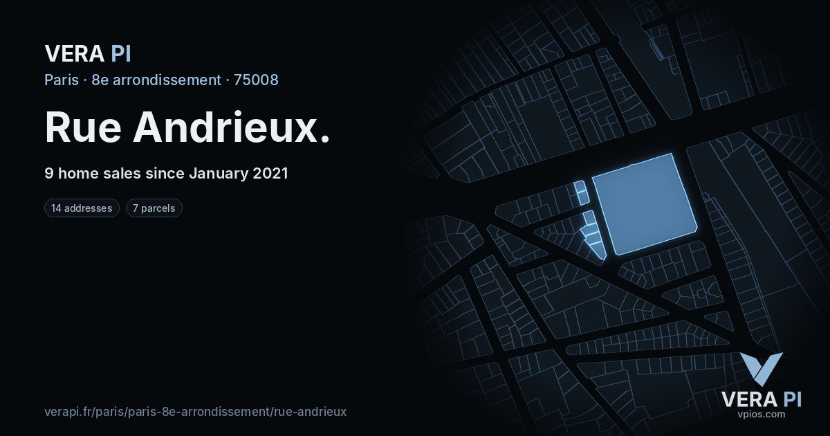 Rue Andrieux, 8e arrondissement at night – every parcel coloured by the prices around it, the street's own parcels lit