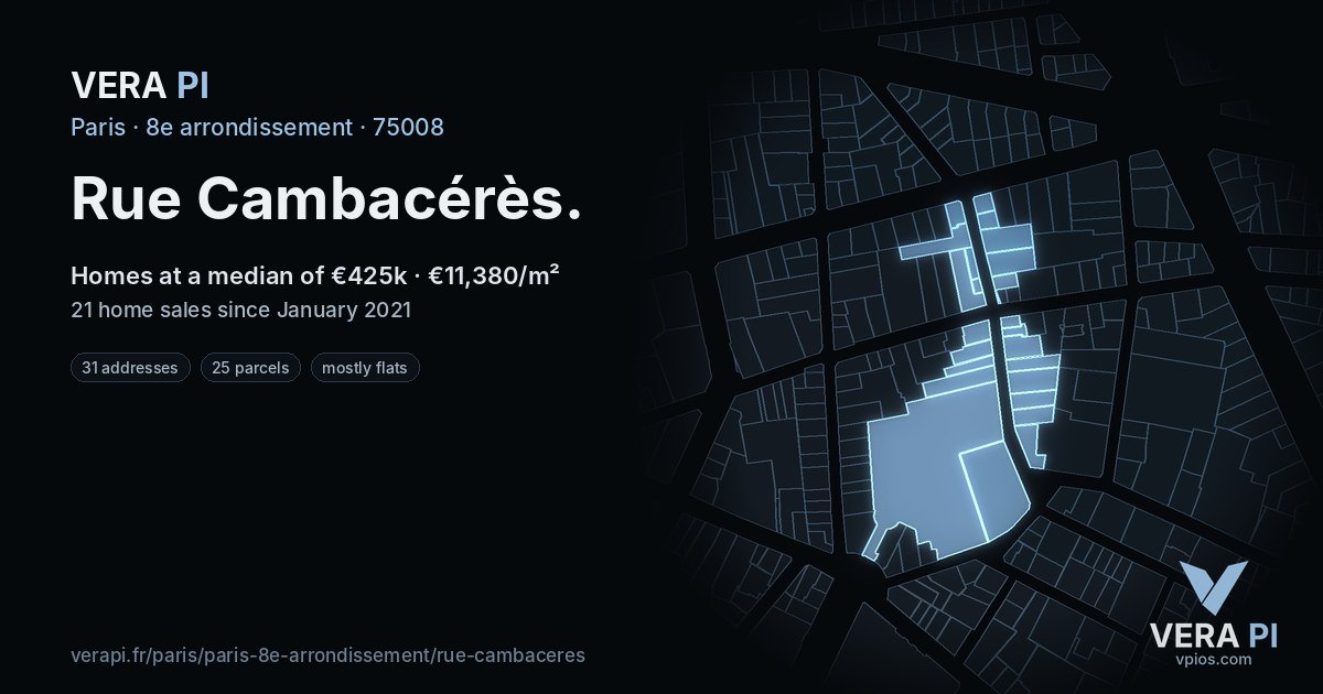 Rue Cambacérès, 8e arrondissement at night – every parcel coloured by the prices around it, the street's own parcels lit