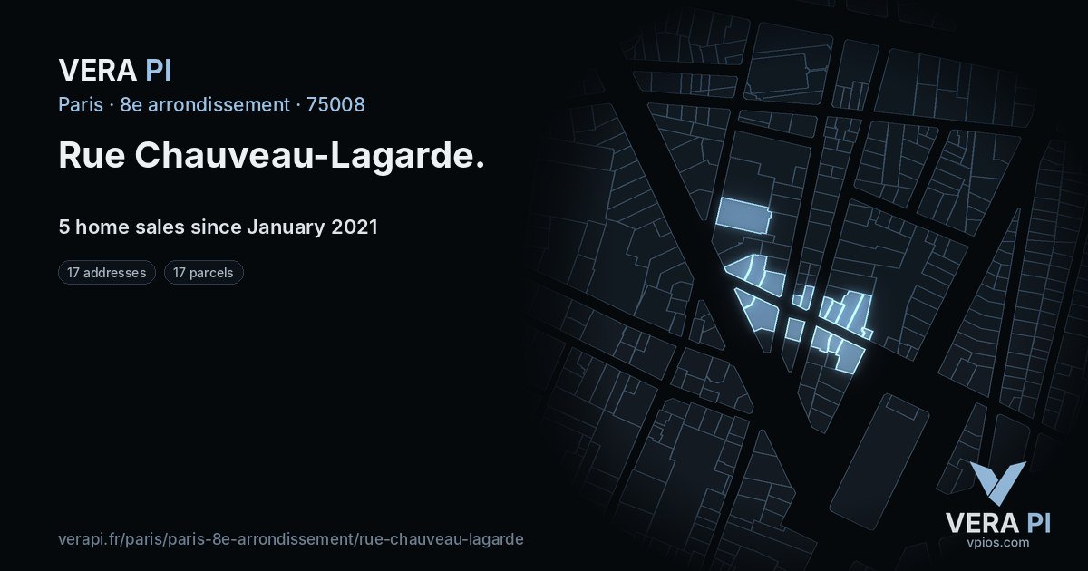 Rue Chauveau-Lagarde, 8e arrondissement at night – every parcel coloured by the prices around it, the street's own parcels lit
