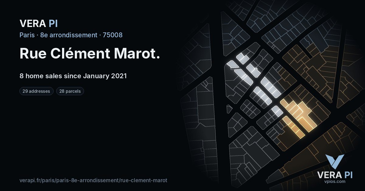 Rue Clément Marot, 8e arrondissement at night – every parcel coloured by the prices around it, the street's own parcels lit