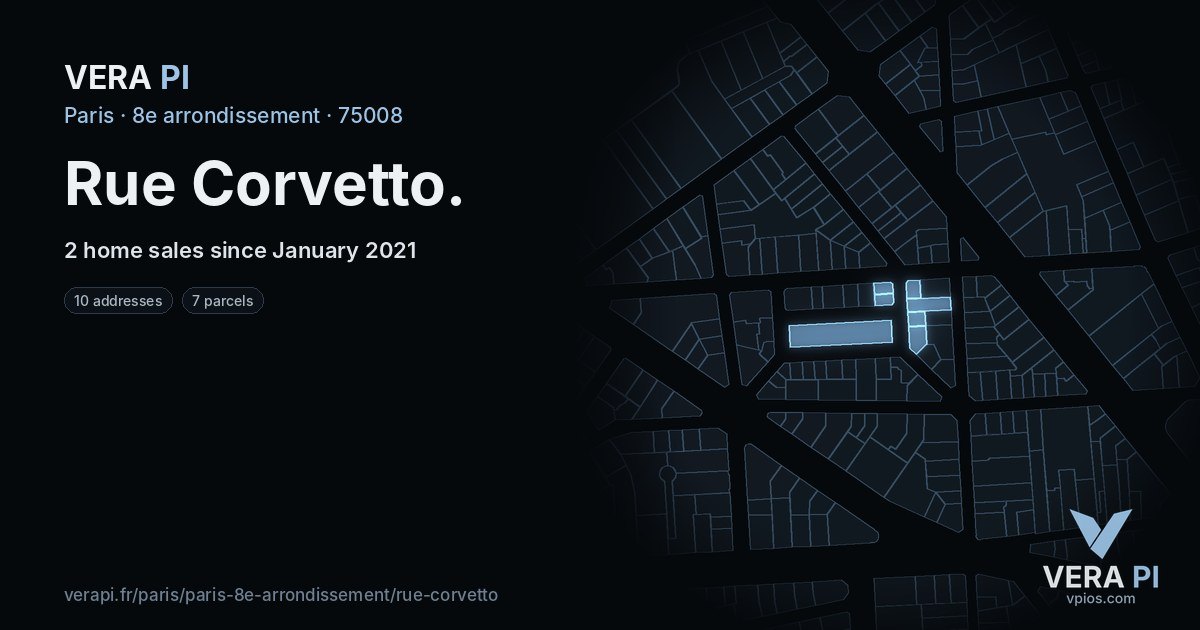 Rue Corvetto, 8e arrondissement at night – every parcel coloured by the prices around it, the street's own parcels lit