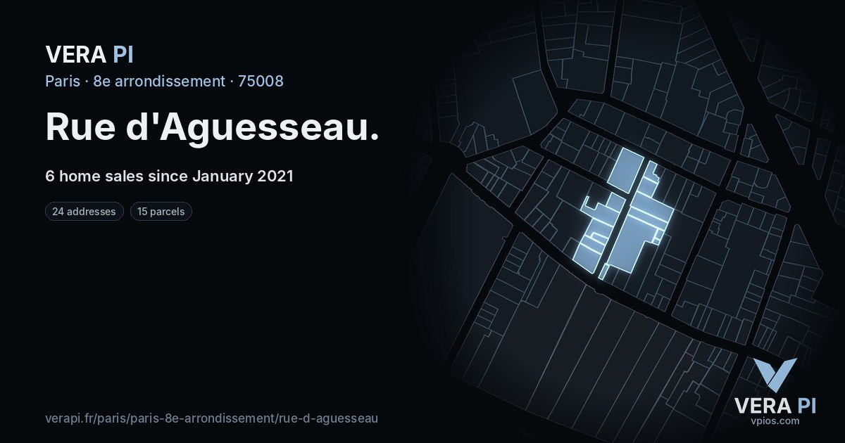Rue d'Aguesseau, 8e arrondissement at night – every parcel coloured by the prices around it, the street's own parcels lit