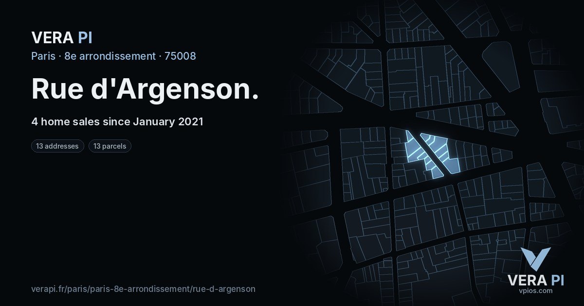 Rue d'Argenson, 8e arrondissement at night – every parcel coloured by the prices around it, the street's own parcels lit