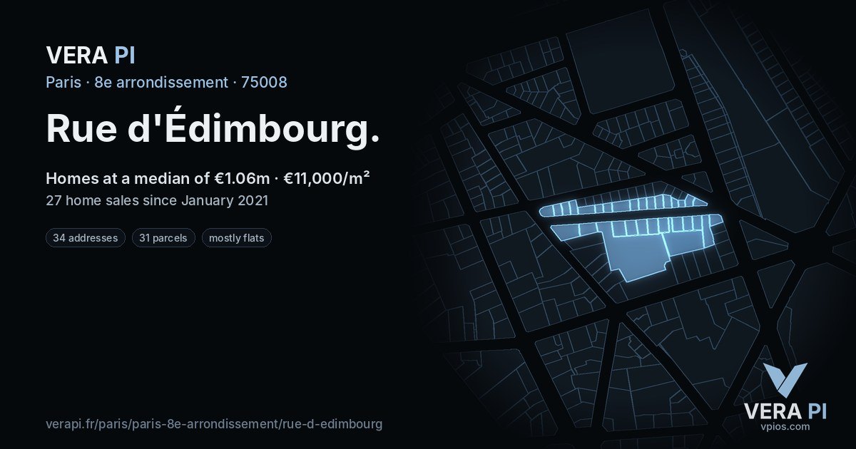 Rue d'Édimbourg, 8e arrondissement at night – every parcel coloured by the prices around it, the street's own parcels lit