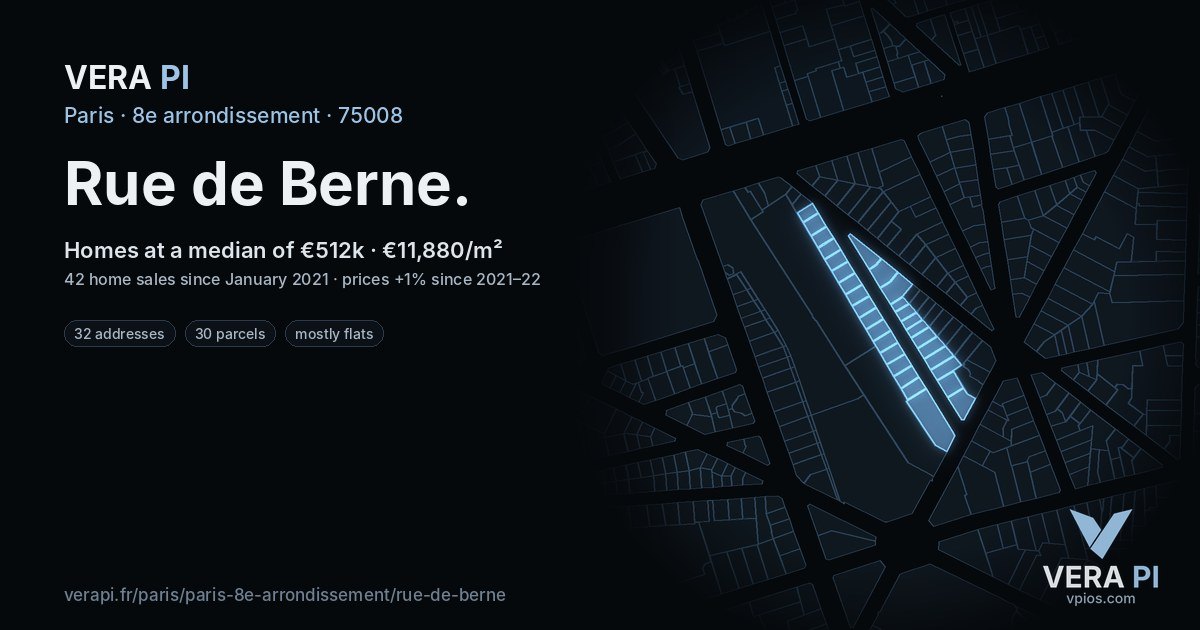Rue de Berne, 8e arrondissement at night – every parcel coloured by the prices around it, the street's own parcels lit