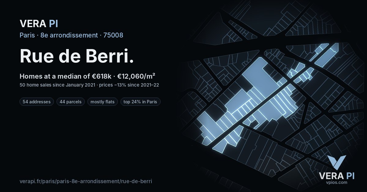 Rue de Berri, 8e arrondissement at night – every parcel coloured by the prices around it, the street's own parcels lit