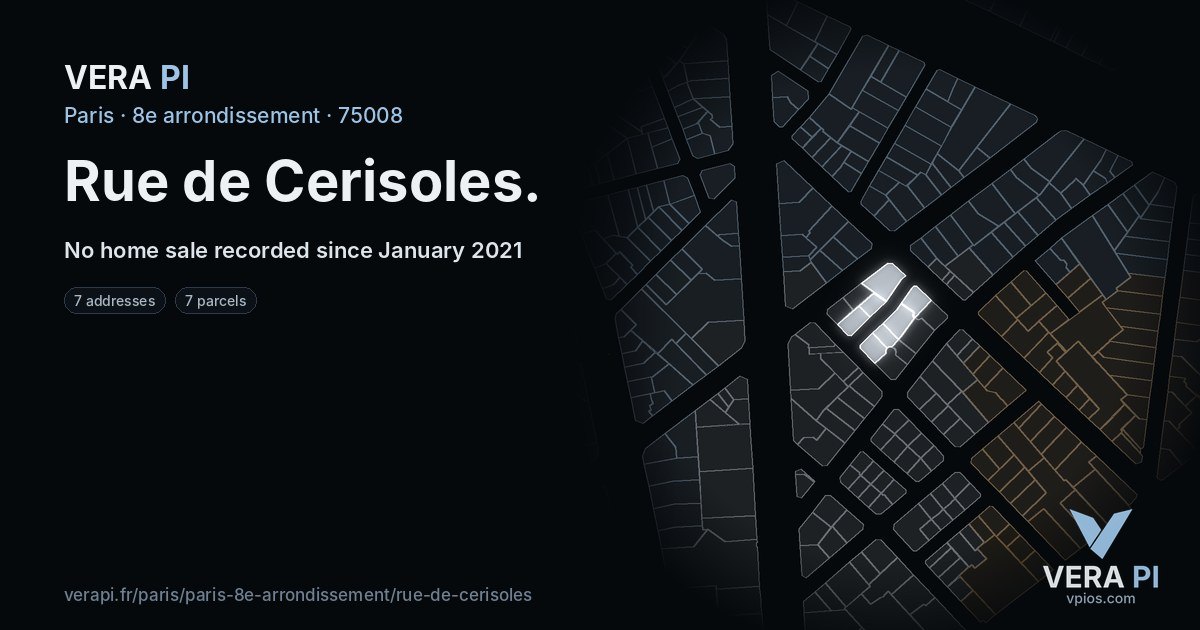 Rue de Cerisoles, 8e arrondissement at night – every parcel coloured by the prices around it, the street's own parcels lit