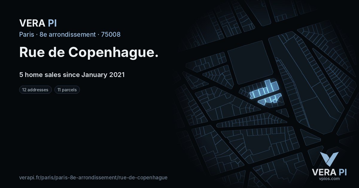 Rue de Copenhague, 8e arrondissement at night – every parcel coloured by the prices around it, the street's own parcels lit
