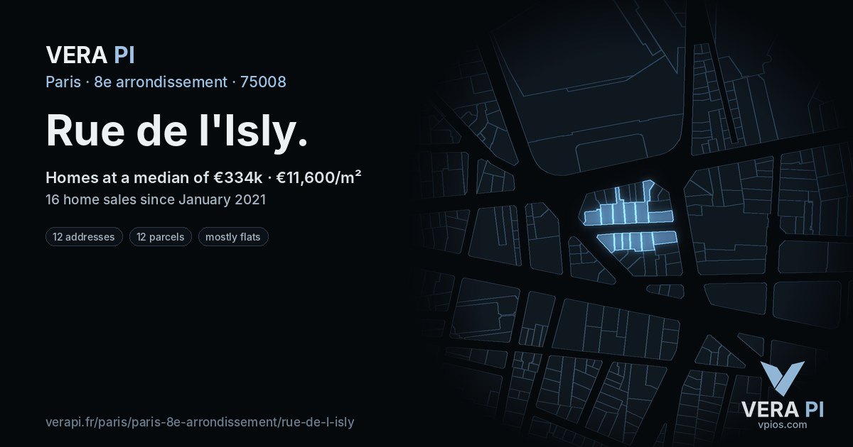 Rue de l'Isly, 8e arrondissement at night – every parcel coloured by the prices around it, the street's own parcels lit