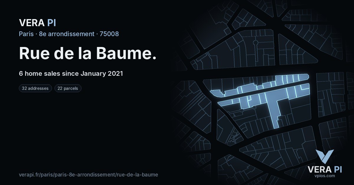 Rue de la Baume, 8e arrondissement at night – every parcel coloured by the prices around it, the street's own parcels lit