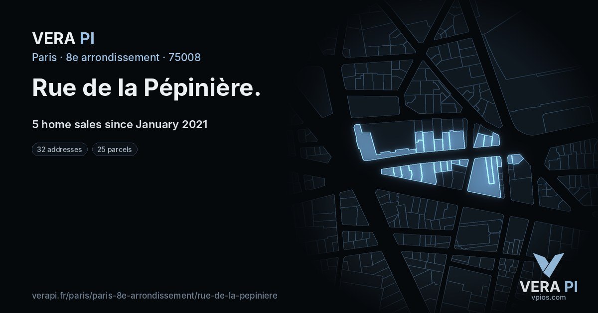 Rue de la Pépinière, 8e arrondissement at night – every parcel coloured by the prices around it, the street's own parcels lit