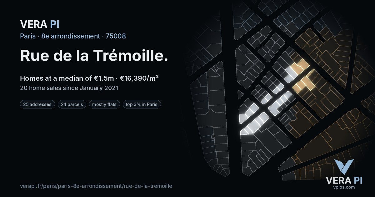 Rue de la Trémoille, 8e arrondissement at night – every parcel coloured by the prices around it, the street's own parcels lit