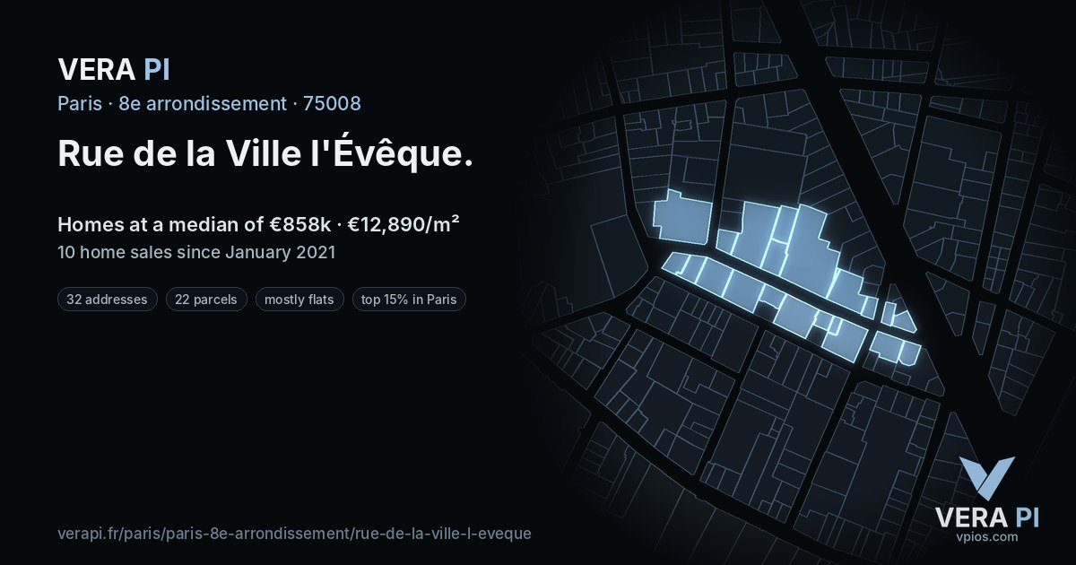 Rue de la Ville l'Évêque, 8e arrondissement at night – every parcel coloured by the prices around it, the street's own parcels lit
