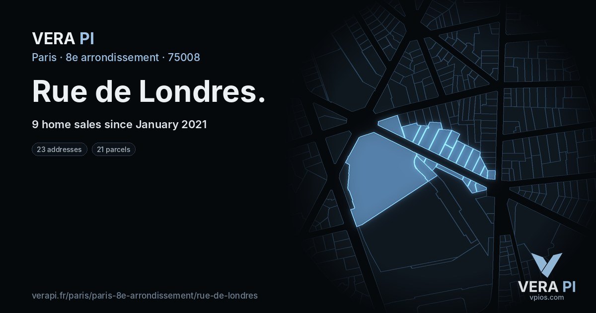 Rue de Londres, 8e arrondissement at night – every parcel coloured by the prices around it, the street's own parcels lit