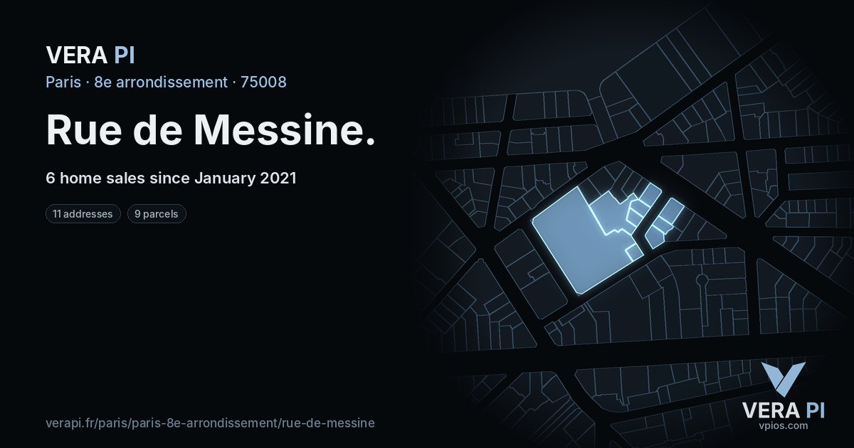Rue de Messine, 8e arrondissement at night – every parcel coloured by the prices around it, the street's own parcels lit