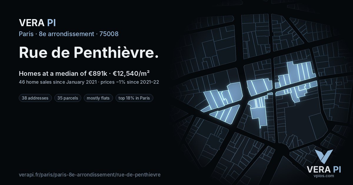 Rue de Penthièvre, 8e arrondissement at night – every parcel coloured by the prices around it, the street's own parcels lit