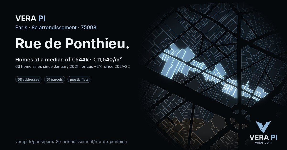 Rue de Ponthieu, 8e arrondissement at night – every parcel coloured by the prices around it, the street's own parcels lit