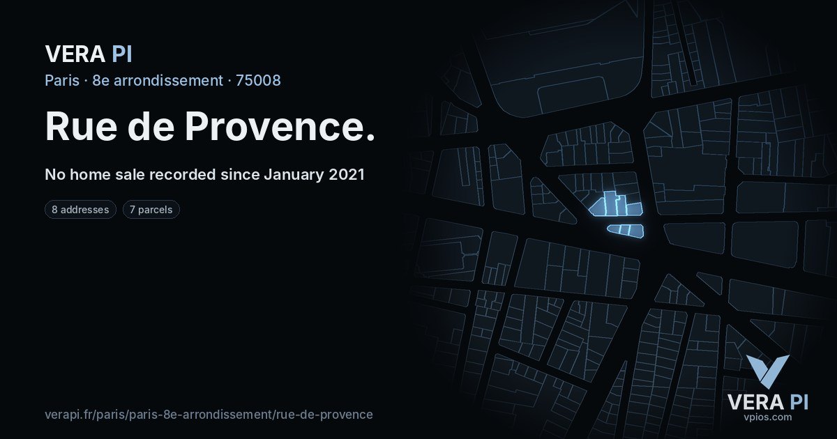 Rue de Provence, 8e arrondissement at night – every parcel coloured by the prices around it, the street's own parcels lit