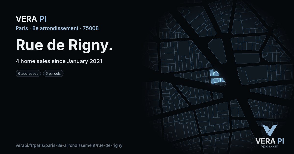 Rue de Rigny, 8e arrondissement at night – every parcel coloured by the prices around it, the street's own parcels lit