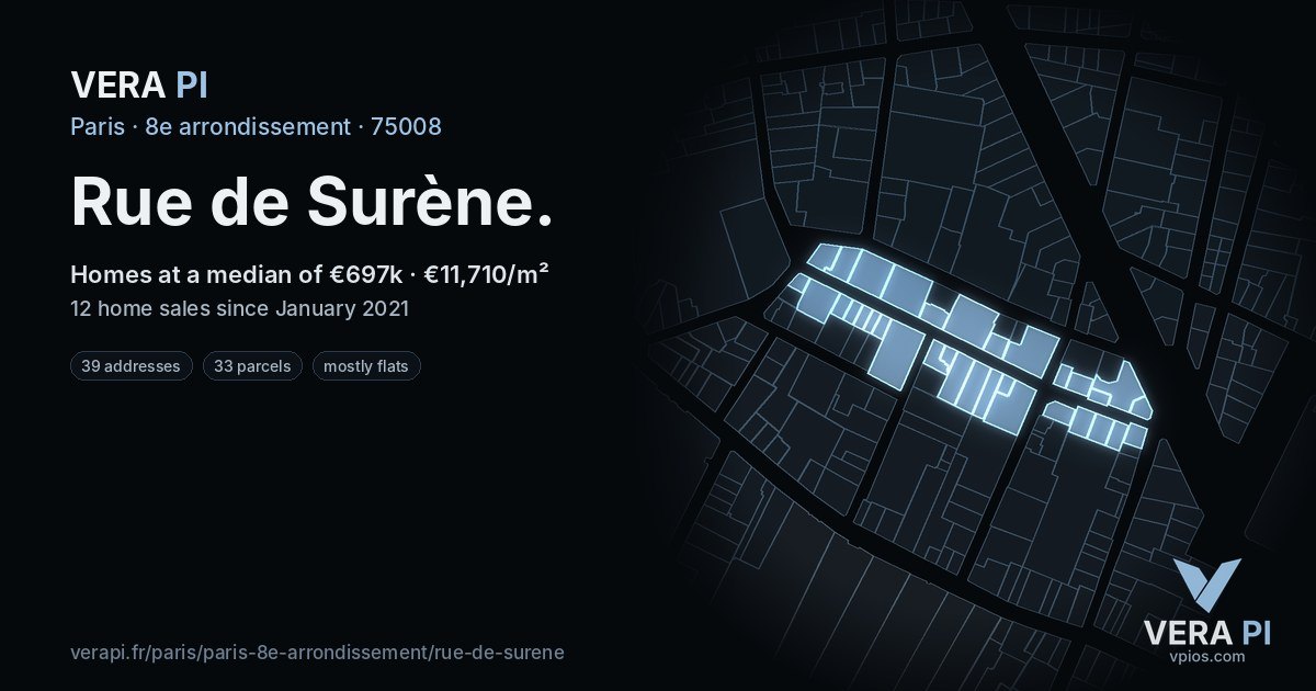 Rue de Surène, 8e arrondissement at night – every parcel coloured by the prices around it, the street's own parcels lit
