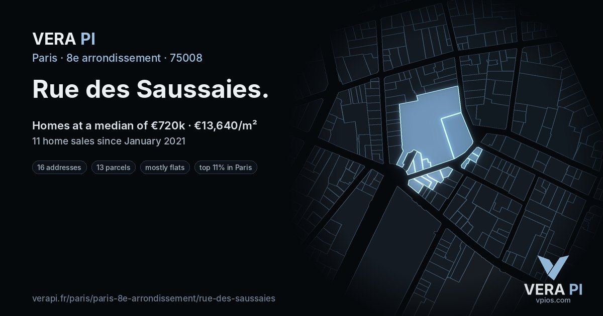Rue des Saussaies, 8e arrondissement at night – every parcel coloured by the prices around it, the street's own parcels lit